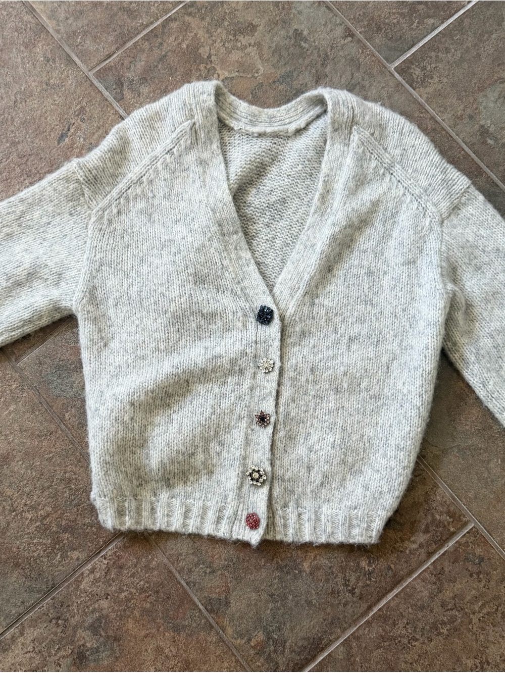 ba&sh Heathered Light Gray V-Neck Button Cardigan with Embellished Buttons